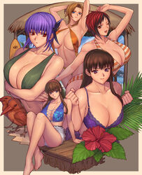 5girls ayane_(doa) bikini black_hair blonde_hair blue_eyes breasts brown_hair cleavage copyright_name dead_or_alive dead_or_alive_5 hair_down hitomi_(doa) huge_breasts ibanen large_breasts lei_fang long_hair looking_at_viewer mila_(doa) multiple_girls purple_eyes purple_hair red_eyes red_hair sitting smile swimsuit tina_armstrong voluptuous wink