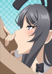 atelier_gons azusagawa_sakuta black_hair bunny_ears bunny_girl bunnysuit censored deep_blowjob deepthroat fellatio long_hair oral penis_in_mouth petite purple_eyes sakurajima_mai seishun_buta_yarou_wa_bunny_girl_senpai_no_yume_wo_minai throat_barrier throat_penetration