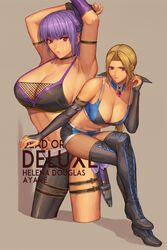 2girls armpit arms_up ayane_(doa) blonde_hair blue_eyes boots cleavage dead_or_alive fingerless_gloves hairbow helena_douglas ibanen large_breasts looking_at_viewer necklace purple_hair red_eyes sports_bra voluptuous