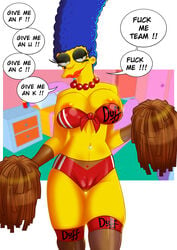 1girls bare_midriff blue_hair cheerleader cheerleader_uniform female female_focus female_only looking_at_viewer makeup marge_simpson milf navel piercing pinup pinup_pose pose posing sexfire skimpy skimpy_clothes solo the_simpsons white_background yellow_skin