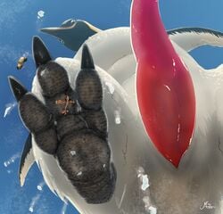 2018 avian big_penis bird bird_feet black_body black_feet black_scales black_talons blue_sky crush destruction emperor_penguin erection feathers feral genitals hi_res looking_at_viewer looking_down low-angle_view macro magpi male male_only penguin penis pink_penis scales sky solo tapering_penis white_body white_feathers worm's-eye_view