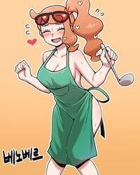 apron apron_only blush cleavage eyewear_on_head ginger glasses_on_head gooberman naked_apron nintendo open_mouth pokemon pokemon_ss solo sonia_(pokemon) sunglasses_on_head sweat tagme