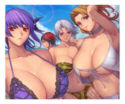 4girls arm_up armpits ayane_(doa) bikini black_hair blonde_hair blue_eyes breasts christie_(doa) cleavage dead_or_alive dead_or_alive_5 huge_breasts ibanen large_breasts mila_(doa) multicolored_hair multiple_girls navel necklace purple_eyes purple_hair red_eyes red_hair silver_hair smile swimsuit tina_armstrong voluptuous