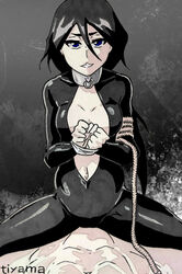 1boy 1girls black_hair bleach bodysuit bondage cleavage collar cowgirl_position cowgirl_position deep_cleavage femsub first_person_view happy imminent_sex kuchiki_rukia kuchiki_rukia latex pale_skin pov purple_eyes restrained rope short_hair smile tiyama traditional_media_(artwork)