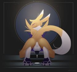 1boy anthro anus ass balls big_balls big_penis black_penis blush bodily_fluids clothing digimon digimon_(species) genital_fluids genitals girly gloves handwear male male_renamon pawpads penis precum presenting presenting_hindquarters raised_tail renamon rule_63 solo warden006