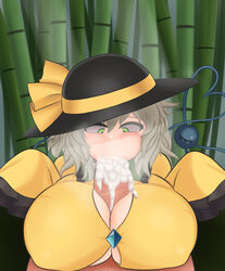 1boy 1girls alternate_breast_size big_breasts breasts cheek_bulge cum cum_from_nose cum_in_mouth dress fellatio frilled_dress glowing_eyes green_eyes green_hair hat huge_breasts koishi_komeiji large_breasts lewdorangetea long_sleeves musk nipples oral paizuri penis precum saliva straight surprised touhou