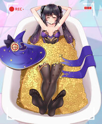 1girls armpits bath bathroom bathtub blush breasts closed_eyes coin feet female female_only genshin_impact happy highres lying mona_(genshin_impact) money money_bath pantyhose recording smile soles toes video_camera witch_hat