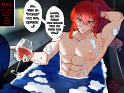 1boy armpits bath bathing diluc_(genshin_impact) english_commentary english_text gay genshin_impact holding_glass horny looking_at_viewer male_only muscles mysterykx ponytail pov red_hair speech_bubble talking_to_viewer wine wine_glass yaoi