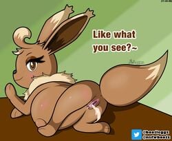 1girls anus ass belly big_belly blush bootleggz brown_body brown_eyes brown_fur clitoris cream_fur cum cum_in_pussy cum_inside cum_leaking dialogue ears_up eevee eyelashes female female_only furry furry_ears furry_tail leaking_cum lying lying_down lying_on_side lying_on_table pokémon_(species) pokemon pokemon_(species) pregnant pussy ready_to_pop shiny_fur simple_background solo solo_female table tail