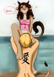 absurd_res anthro clothing cunnilingus curled_hair cynthiafeline dragon duo felid female hair hi_res horn hybrid lion male mali mammal mathewjeffries oral pantherine paws sex shirt straight tattoo text text_on_clothing text_on_shirt text_on_tank_top text_on_topwear topwear vaginal_penetration