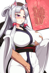 animal_ears blush breast_grab breasts covered_navel cross_section female fingering fingers_in_pussy fully_clothed grabbing grabbing_from_behind groin groping heavy_breathing japanese_clothes large_breasts long_hair null_(nyanpyoun) purple_eyes sidelocks simple_background sleeveless solo tail touhoku_itako very_long_hair voiceroid white_background x-ray