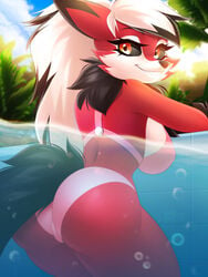 3:4 amber_eyes anthro ass black_sclera breasts bubble clothing cloud crossover dannyckoo digimon digimon_(species) female fur furry hair hi_res hybrid looking_at_viewer looking_back lycanroc midnight_lycanroc multicolored_eyes multicolored_hair nintendo partially_submerged partially_underwater_shot pokémon_(species) pokemon pokemon_(species) ponytail red_body red_fur renamon smile solo swimming_pool swimwear two_tone_hair underwater video_games water waterline_view