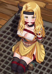 1girls absurdres alternate_costume arms_behind_back belt black_socks blonde_hair blush bondage bound bound_arms bound_legs breasts brigid_(fire_emblem) brigid_(pirate)_(fire_emblem) brown_eyes cailin020 captured choker cleavage clothed corset dress female fire_emblem fire_emblem:_genealogy_of_the_holy_war fire_emblem_heroes full_body gag gagged grate headband highres improvised_gag kidnapped large_breasts legs_together long_hair looking_at_viewer pirate ringlets rope rope_gag seiza shadow side_slit sitting socks solo solo_focus thigh_socks thighhighs tied_up yellow_eyes