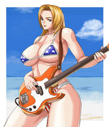 1girls american american_flag american_flag_bikini bass_guitar beach bikini blonde_hair blue_eyes breasts casual clothing day dead_or_alive female flag_print guitar human ibanen instrument large_breasts long_hair ocean outdoors pale_skin sky solo swimsuit swimwear tecmo texan tina_armstrong underboob voluptuous