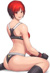 1girls black_hair bubble_butt dead_or_alive female gloves hazel_eyes looking_at_viewer looking_back mila_(doa) multicolored_hair red_hair shigenobu short_hair sports_bra sportswear voluptuous wariza