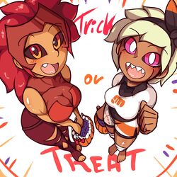 2girls bea_(pokemon) bea_(pokemon)_(cosplay) catra_(cosplay) dark-skinned_female dark_skin fangs halloween_costume luxi_(luxidoro) luxidoro oc open_mouth orange_eyes original_character original_characters pokemon pokemon_ss red_eyes red_hair rosicler_(luxidoro) she-ra_and_the_princesses_of_power tomboy trick_or_treat