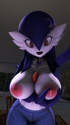 1girls 3d :d :p areolae assertive assertive_female breast_grab breasts breasts_out chandra_(lucyfercomic) collar dominant dominant_female female female_only gardevoir grabbing_own_breast hair_ornament head_tilt heart_collar indoors jeans lactation large_breasts long_hair looking_at_viewer meddlade moon_hair_ornament naughty_face nipples open_eyes open_mouth open_smile outstretched_arm pants pokemon pokemon_(species) presenting_breasts purple_hair sfm smile solo solo_female standing tongue tongue_out topless yellow_eyes