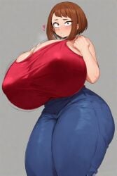 ai_generated blush breast_expansion breasts brown_hair erect_nipples female horny jeans massive_breasts my_hero_academia nipples ochako_uraraka thicc
