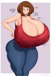 ai_generated breast_expansion breasts brown_hair cleavage female jeans massive_breasts my_hero_academia ochako_uraraka tank_top thicc wants_to_fuck