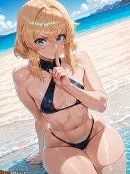 1boy 2025 ai_generated anime anime_girl anime_style areola_slip arisua arm_support artist_name bangs beach big_breasts bikini black_bikini blonde_hair blue_eyes blue_sky blush breasts bridget crossdressing curvy curvy_body curvy_female day femboy feminine_male finger_to_mouth guilty_gear hi_res high_quality high_res high_resolution highres index_finger_raised large_breasts looking_at_viewer male_focus navel nipple_slip nipples ocean otoko_no_ko otokonoko outdoors patreon patreon_username shushing sidelocks sitting skindentation sky small_bulge solo swimsuit thighs trap uncensored water watermark wet