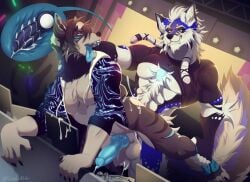 anal anal_orgasm anal_sex animal_genitalia animal_penis anthro anthro_on_anthro anthro_penetrated anthro_penetrating anthro_penetrating_anthro balls black_clothing black_hair black_sclera black_topwear blue_eyes blue_penis blue_tongue canid canine canine_genitalia canine_penis clothed clothing cobu dreadlocks duo dust_(dustwolf13) ejaculation erection fangs fur genitals grey_body grey_fur grin hair hands-free hi_res inside internal male male/male male_penetrated male_penetrating male_penetrating_male mammal messy_hair muscular muscular_anthro muscular_male open_clothing open_mouth open_topwear orgasm penetration penile penile_penetration penis penis_in_ass sex short_hair signature smile snowstorm_(wolfxblade) tail tail_grab teeth tongue tongue_out topwear white_balls white_body white_fur white_hair