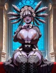 ai_generated areolae big_areola big_breasts big_nipples black_hair blue_eyes blush breasts breasts_bigger_than_head cleavage covered_nipples creatures_(company) curvy curvy_body curvy_female curvy_figure curvy_hips fortune_teller game_freak goth goth_girl gothitelle huge_breasts huge_nipples lace lace_trim mature_female nintendo nipple_bulge nipples obedience playful pokemon purple_skin slim_waist starlightnex submissive thick thick_ass thick_hips thick_legs thick_lips thick_thighs thigh_highs thighhighs thighs wide_hips