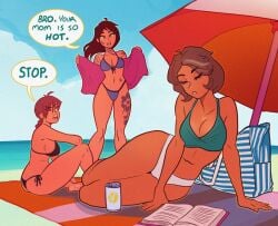 3girls aubrey_(sea_legs) bag beach beach_umbrella bikini black_bra black_panties book bra brown_hair can comic comic_page dialogue evan_(ndasfw) female gray_hair green_bra milf ndasfw nora_(sea_legs) panties purple_bra purple_panties tattoo text towel umbrella white_panties yuri