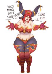 1girls alexstrasza armor bare_midriff big_breasts blizzard_entertainment breast_freckles breastplate breasts cheekbones cleavage crotch_plate dragon dragon_aspect female female_only freckles freckles_on_breasts freckles_on_chest gauntlets glowing_eyes heroes_of_the_storm horns hourglass_figure huge_breasts jewelry large_breasts lipstick meme midriff milf my_little_pogchamp_(meme) open_arms plump red_hair slightly_chubby solo speech_bubble stomach sunnysundown text thick_thighs thunder_thighs voluptuous wide_hips world_of_warcraft yellow_eyes