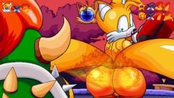 anyplant088 ass bowser bubble_butt burning butt_on_fire canid canine dragon duo fire fox hi_res humanoid male male/male mammal mario_bros mythological_creature mythological_scalie mythology nintendo reptile scalie sega sonic_(series) sonic_the_hedgehog_(series) super_mario_64 tails turtle