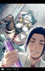 1boy 1girls anus arms_above_head arms_up azasuke big_breasts bondage bound_wrists breasts censor_bar censored censored_anus censored_genitalia censored_pussy cloth_gag dr_lohr dubious_consent enema enema_syringe female gag gagged gagged_female gloves grin hairclip huge_breasts looking_at_viewer play_button pussy spread_legs spreading stirrups vagina white_hair yellow_eyes yixuan_(zenless_zone_zero) zenless_zone_zero