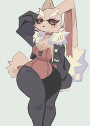animal_ears aqua_background black_jacket black_pants blue_background breasts cleavage closed_mouth clothed_pokemon diagonal_stripes female fur_trim furry gen_4_pokemon green_background grey_background half-closed_eyes hand_up happy holding invisible_chair jacket leg_up legs_together long_sleeves looking_at_viewer looking_to_the_side multicolored_hair no_humans open_clothes open_jacket pants pokemon_(creature) red_eyes simple_background sitting solo standing striped striped_background tail thick_thighs thighs wide_hips