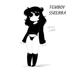 1boy black_panties black_thong black_underwear blush bulge clothed clothing english_text femboy hair korean_text legwear looking_at_viewer male male_only navel panties simple_background solo ssrebba sweater tagme text thong topwear twink underwear white_background