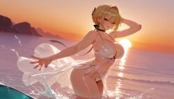1girls ai_generated armpits balecxi bangs bare_arms bare_shoulders beach bikini black_choker blonde_hair blue_eyes blue_sky blush breasts choker clavicle cleavage closed_mouth clothing cloud curvaceous curvaceous_female curvaceous_figure curvy curvy_figure day earrings evelyn_chevalier exhibitionism female female female_focus female_only halterneck horizon inviting inviting_to_sex jewelry large_breasts looking_at_viewer navel ocean orange_sky outdoors outside partially_submerged presenting presenting_ass presenting_breasts presenting_hindquarters presenting_self purple_eyes sand sarong seductive seductive_look seductive_smile see-through short_hair sky smile solo splashing standing stomach sunset swimsuit thighs voluptuous voluptuous_female wading water wet white_bikini white_sarong white_swimsuit zenless_zone_zero