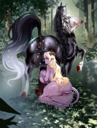 artist_(pashet) ball_worship bat_wings black_hair black_horse blonde_hair braided_hair braided_ponytail brown_skin centaur centaur_futa cock_worship collaborative_fellatio curvaceous curvy curvy_female curvy_figure diplomacyraptor diplomacyraptor_oc equine_genitalia equine_penis fluffy_ears fluffy_tail glasses horns horse_ears horse_penis horse_tail horse_taur horsecock implied_fellatio implied_oral implied_rimming large_ass large_breasts large_tail licking licking_balls licking_penis lipstick lipstick_mark lipstick_on_balls lipstick_on_penis long_hair manticore muscular muscular_futa nyx_(diplomacyraptor) purple_skin red_hooves silver_hair stripes tail tan_skin tattoo tattooed_arm tattoos tiefling tiefling_girl wilderness wings woods