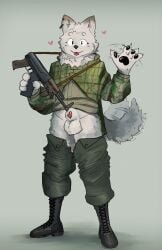 absurd_res ak-74 animal_genitalia anthro balls boots bottomwear bottomwear_down camo canid canine canis clothed clothing combat_boots domestic_dog ear_piercing flaccid footwear fur genitals gesture gun gun_sling heart_symbol hi_res holding_gun holding_object holding_ranged_weapon holding_weapon long_sleeve_shirt male mammal pants pants_down partially_clothed penis piercing ranged_weapon sheath shellsist shoes solo tail tail_motion tailwag tongue tongue_out waving weapon white_body white_fur