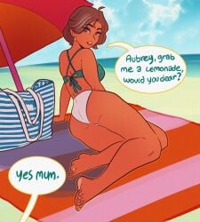 aubrey_(sea_legs) bag beach beach_umbrella bikini bra brown_hair comic comic_page dialogue female gray_hair green_bra milf ndasfw nora_(sea_legs) panties text umbrella white_panties