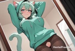 ai_generated animal_ear_fluff animal_ears arms_behind_head arms_up black_pantyhose blush breasts cat_ears cat_tail catgirl closed_mouth erect_nipples erection erection_under_clothes female female_only green_hair hentaipresident hood hood_up indoors large_breasts legwear long_hair looking_at_viewer medium_breasts mirror no_bra no_panties nopan original pantyhose pussy smile solo standing tail thighs vagina