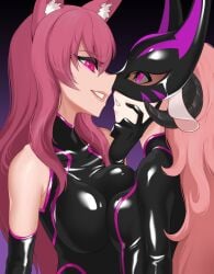 animal_ears arya_(snowylight) breast_press breasts deepspace empty_eyes female_only femdom femsub horns hypnosis kitsune_girl latex long_hair mask mind_control multiple_girls original pink_eyes pink_hair rubber sheep_girl