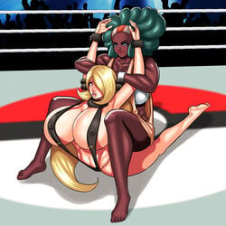 2girls alternate_breast_size blonde blonde_female blonde_hair breasts_bigger_than_head cssp cynthia_(pokemon) dark-skinned_female female_only full_body gym_leader huge_breasts lenora_(pokemon) multiple_girls pokémon pokemon wrestling