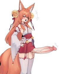 absurdres animal_ears bell blue_eyes blush detached_sleeves erection female fox_ears fox_girl fox_tail from_side futanari hair_bell hair_ornament highres huge_cock imkay_3 jingle_bell large_testicles long_hair long_sleeves looking_at_viewer open_mouth orange_hair original penis red_skirt simple_background skirt smile solo tail testicles thighhighs uncensored veins veiny_penis white_background white_thighhighs wide_sleeves