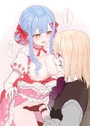 2girls aver_(yumenokessho) bang_dream! bang_dream!_it's_mygo!!!!! black_vest blonde_hair blue_hair blush bow breast_sucking breasts clothes_lift commentary doloris_(bang_dream!) dress facial_tattoo fingering food food-themed_hair_ornament gloves gradient_background hair_ornament highres lactation large_breasts misumi_uika multiple_girls nipples open_mouth pink_background purple_eyes pussy_juice red_bow red_dress red_gloves red_ribbon ribbon shirt short_sleeves skirt skirt_lift speech_bubble strawberry_hair_ornament sweets_paradise symbol-only_commentary tattoo tears togawa_sakiko translation_request usamin_(megumikira) vest white_shirt yellow_eyes yumenokessho yuri