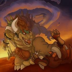 2boys anthro balls ballsack big_penis bowser claws clouds cock_ring collar duo erection feet furry furry_male furry_only genitals giga_bowser hair horns koopa looking_at_another male male/male mario_(series) mature mature_male monster monster_boy nintendo open_mouth penis red_eyes red_hair red_penis reptile reptilianreverie saliva scalie shell spiked_shell spikes stepping_on_male super_smash_bros. tail teeth yellow_skin