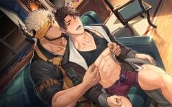 2boys abs age_difference armband asahi_(norn's_dine) bara beard beefy big_areola blush boxers brown_hair bulge bulge_through_clothing clothes_lift collarbone curved_horn daddy dark_skin dilf duo dust_particles dutch_angle erect_nipples erection erection_under_clothes european gay glowing_eyes grant_(norn's_dine) green_eyes headband heterochromia hi_res horn hunk indoors jacket lace-up light_skin looking_at_another looking_down male male/male male_only manly mature_male muscles muscular muscular_arms muscular_legs muscular_male muscular_thighs night nipple_play norn's_dine nullqllun open_clothes pantsless pecs perfume pinching_nipples purple_eyes quadriceps red_eyes shadow short_hair sideburns sitting sitting_on_sofa six_pack size_difference sofa sweat sweatdrop tanktop veiny_hands white_hair wooden_floor yaoi