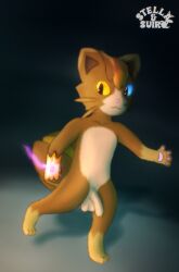artfight artfight2025 balls big_balls biped blue_eyes brown_body brown_fur countershading digital_media_(artwork) digital_painting_(artwork) digitigrade foreskin fur gem genitals glowing glowing_eyes head_tuft heterochromia hi_res humanoid_genitalia humanoid_penis lewxen looking_at_viewer luxro magic male orange_eyes painting_(artwork) pawpads penis pose psychic psychic_powers semi-anthro simple_background solo stellaamoris tail tuft