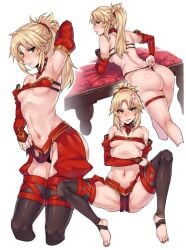 1girls anger_vein angry anus armpits arms_up artist_request ass ass_focus bangs bare_shoulders barefoot bent_over big_ass black_legwear black_panties blonde_hair blush bra braid breasts cameltoe cleavage detached_sleeves fate/apocrypha fate/grand_order fate_(series) feet female female_only french_braid from_behind green_eyes hair_ornament licking_lips light-skinned_female long_hair looking_at_viewer looking_back lying mordred_(fate) mordred_(fate)_(all) mordred_(fate/apocrypha) multiple_views navel nipples on_side panties panty_pull parted_lips pelvic_curtain ponytail shiny shiny_hair shiny_skin simple_background small_breasts solo spread_legs squatting sweat tagme thighhighs thighs underboob underwear white_background