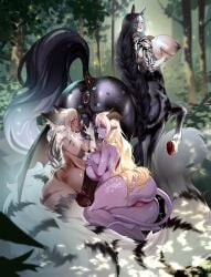 artist_(pashet) ball_worship bat_wings black_hair black_horse blonde_hair braided_hair braided_ponytail brown_skin centaur centaur_futa cock_worship collaborative_fellatio curvaceous curvy curvy_female curvy_figure diplomacyraptor diplomacyraptor_oc equine_genitalia equine_penis fluffy_ears fluffy_tail glasses horns horse_ears horse_penis horse_tail horse_taur horsecock implied_fellatio implied_oral implied_rimming large_ass large_breasts large_tail licking licking_balls licking_penis lipstick lipstick_mark lipstick_on_balls lipstick_on_penis long_hair manticore muscular muscular_futa nyx_(diplomacyraptor) purple_skin red_hooves silver_hair stripes tail tan_skin tattoo tattooed_arm tattoos tiefling tiefling_girl wilderness wings woods