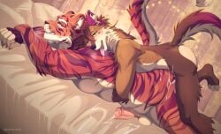 anal anal_sex anthro anthro_on_anthro anthro_penetrated anthro_penetrating anthro_penetrating_anthro artist_name ass black_nose blue_eyes blush bodily_fluids brown_body brown_fur brown_hair canid canine cobu cum cum_on_bedding cum_on_butt duo erection felid from_behind_position fur genital_fluids genitals hair hi_res humanoid_genitalia humanoid_penis lying male male/male male_penetrated male_penetrating male_penetrating_male mammal markings messy_hair narrowed_eyes nude on_front on_top open_mouth pantherine penetration penile penile_penetration penis penis_in_ass red_eyes saliva saliva_string sex short_hair side_view striped_arms striped_legs striped_markings striped_tail stripes tail tail_markings text tiger tongue tongue_out white_body white_fur