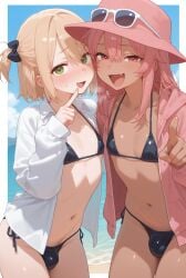 2boys ai_generated beach bikini blonde_hair blush bulge dark_skin femboy flat_chest flustered furrowed_brow gomes green_eyes hair_ribbon headwear heavy_breathing laughing_at_viewer male_only navel one_side_up open_jacket open_mouth original pink_eyes pink_hair pointing_at_viewer self_upload skin_fang sky stomach sunglasses_on_hat water white_border white_shirt