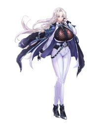 absurdres alternate_costume azur_lane black_gloves black_necktie black_shoes blue_eyes breasts casual female fishnet_cutout gloves hair_intakes half_gloves high_heels highres huge_breasts jacket jacket_on_shoulders long_sleeves necktie pants rolingblade shoes simple_background solo white_background white_hair white_pants yorktown_(azur_lane) yorktown_ii_(azur_lane)