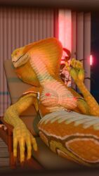 balcony breasts chair female female_focus female_only hand_gesture long_nails looking_at_viewer lying lying_on_back naked naked_female nipples pussy pussy_lips red_eyes reptile reptilian roughcitizen scalie scalie_female snake snake_girl snake_tail snitties snitty sun_chair sunbathing sunset tail vagina viper_(x-com) x-com